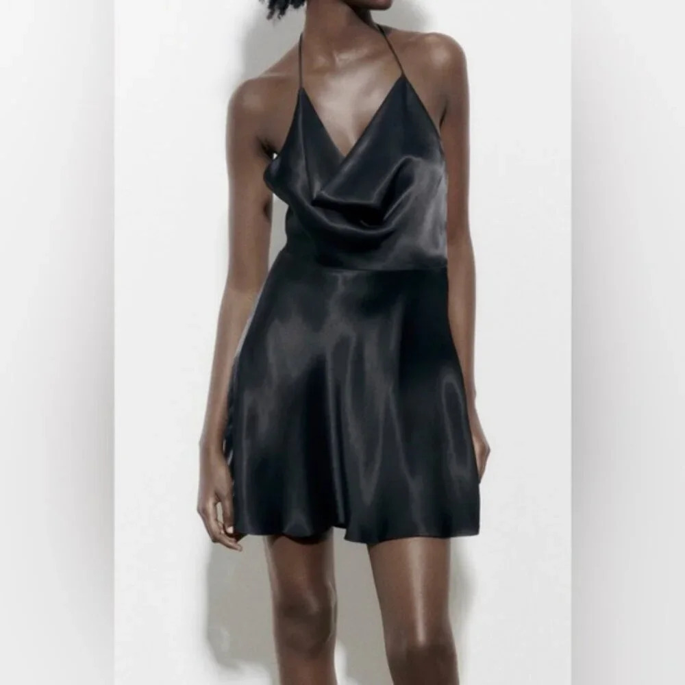 Zara Satin Effect Fluid Cowl Neck Mini Dress NWT Black Size Medium